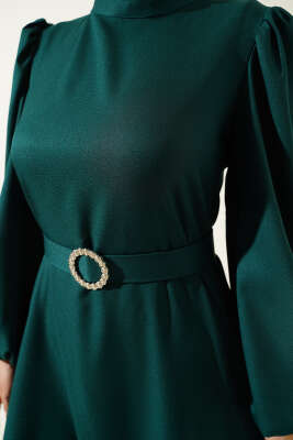 Balon Kol Kemerli Kloş Elbise Zümrüt - Tesettür Elbise