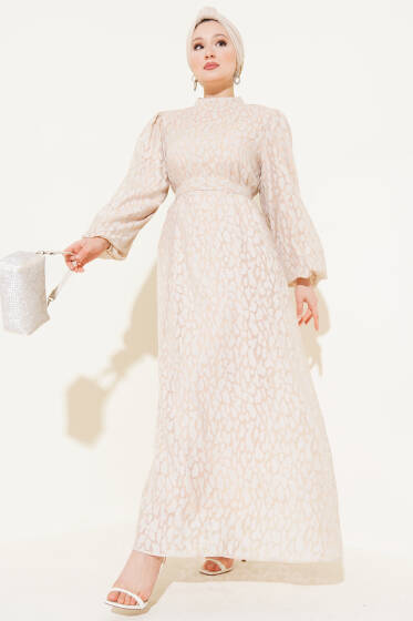 Balon Kol Kendinden Desenli Elbise Bej - Elbise