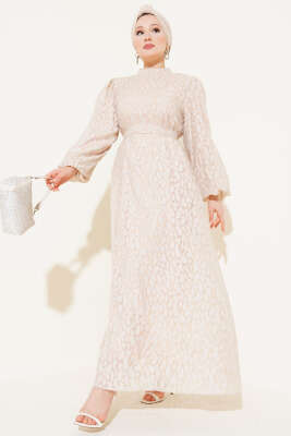 Balon Kol Kendinden Desenli Elbise Bej 