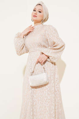 Balon Kol Kendinden Desenli Elbise Bej - Tesettür Elbise