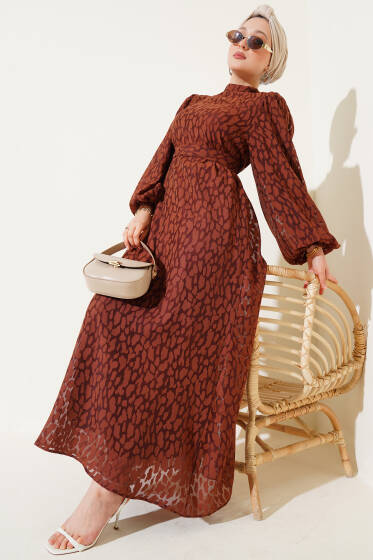 Balon Kol Kendinden Desenli Elbise Kahve - Elbise