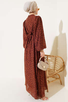 Balon Kol Kendinden Desenli Elbise Kahve - Tesettür Elbise