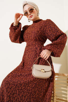 Balon Kol Kendinden Desenli Elbise Kahve - Tesettür Elbise