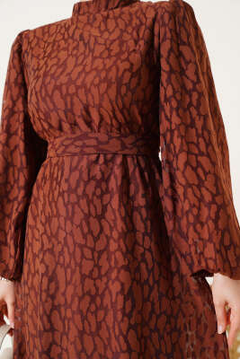 Balon Kol Kendinden Desenli Elbise Kahve - Tesettür Elbise