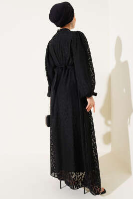 Balon Kol Kendinden Desenli Elbise Siyah - Tesettür Elbise