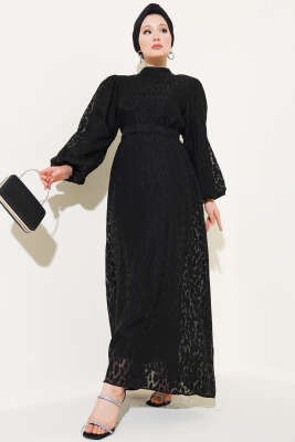 Balon Kol Kendinden Desenli Elbise Siyah - Tesettür Elbise