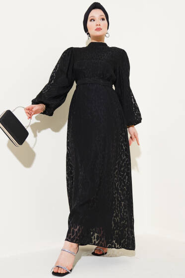 Balon Kol Kendinden Desenli Elbise Siyah - Tesettür Elbise
