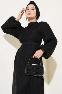 Balon Kol Kendinden Desenli Elbise Siyah - Tesettür Elbise