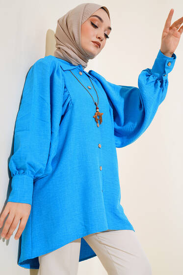 Balon Kol Keten Gömlek Mavi - Gömlek