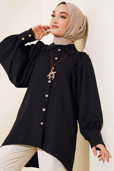 Balon Kol Keten Gömlek Siyah - Gömlek