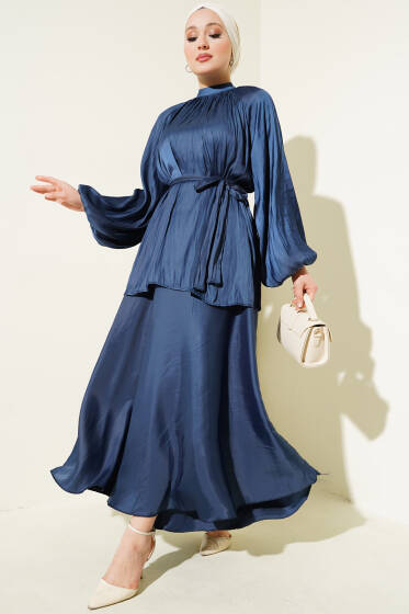 Balon Kol Kırışık Saten Etekli İkili Takım Petrol - İkili Takım