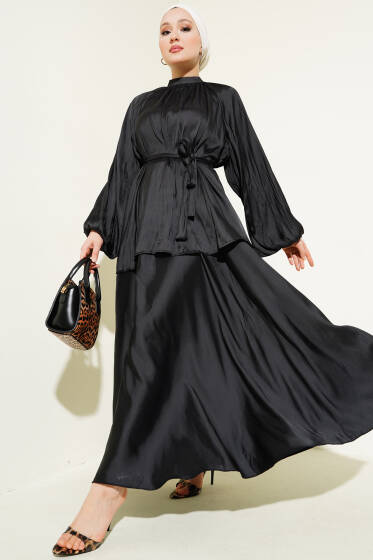 Balon Kol Kırışık Saten Etekli İkili Takım Siyah - İkili Takım