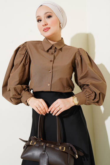 Balon Kol Kısa Gömlek Kahve - Gömlek