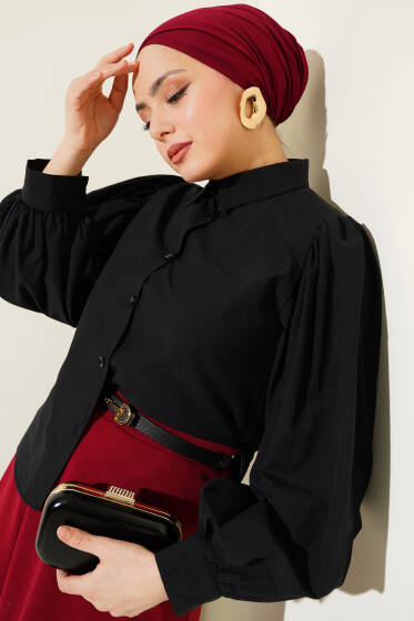 Balon Kol Kısa Gömlek Siyah - Gömlek