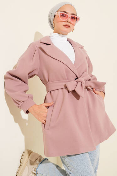 Balon Kol Kısa Kaşe Kaban Pudra - Kaban