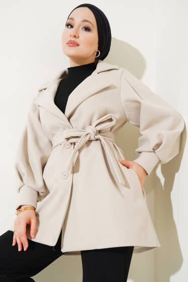 Balon Kol Kuşaklı Astarlı Kaşe Kaban Bej - Kaban