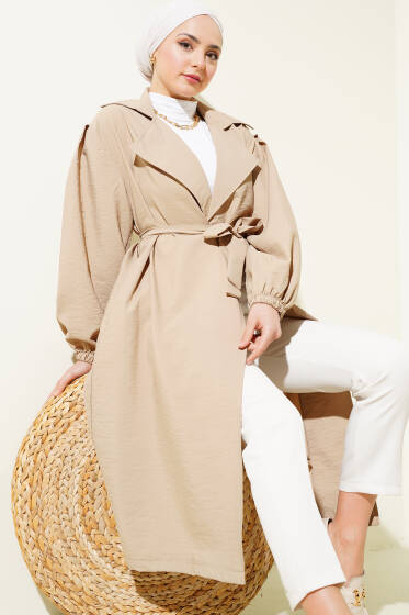 Balon Kol Kuşaklı Basic Uzun Kap Bej - Dış Giyim&Mont