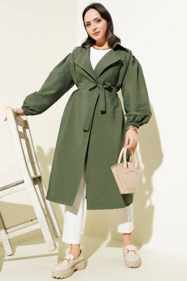 Balon Kol Kuşaklı Basic Uzun Kap Haki - Dış Giyim&Mont