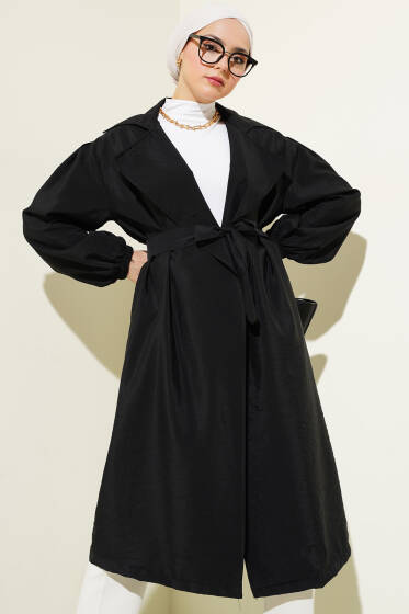 Balon Kol Kuşaklı Basic Uzun Kap Siyah - Dış Giyim&Mont