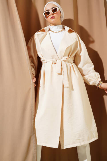 Balon Kol Kuşaklı Basic Uzun Kap Taş - Dış Giyim&Mont