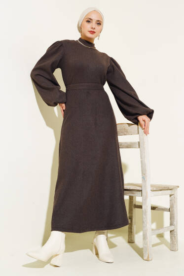 Balon Kol Kuşaklı Fitilli Elbise Acı Kahve - Elbise