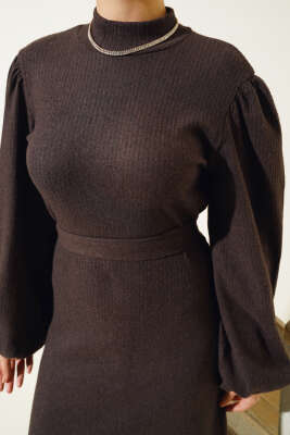 Balon Kol Kuşaklı Fitilli Elbise Acı Kahve - Tesettür Elbise