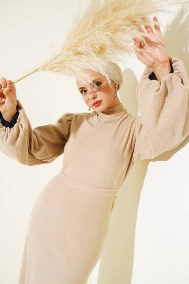 Balon Kol Kuşaklı Fitilli Elbise Bej - Elbise