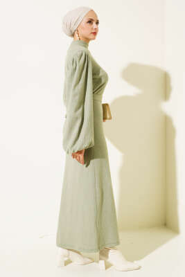 Balon Kol Kuşaklı Fitilli Elbise Çağla Yeşili - Tesettür Elbise