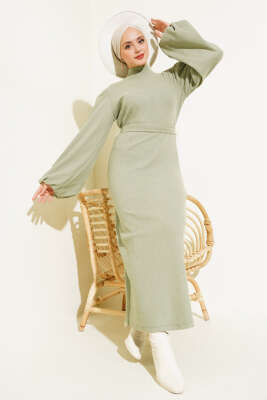 Balon Kol Kuşaklı Fitilli Elbise Çağla Yeşili - Tesettür Elbise