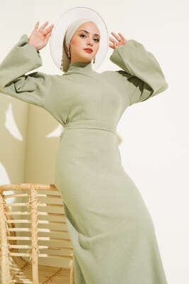 Balon Kol Kuşaklı Fitilli Elbise Çağla Yeşili - Tesettür Elbise