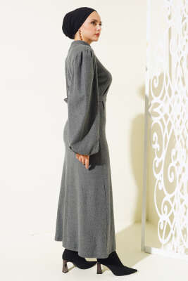 Balon Kol Kuşaklı Fitilli Elbise Füme - Tesettür Elbise