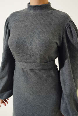 Balon Kol Kuşaklı Fitilli Elbise Füme - Tesettür Elbise