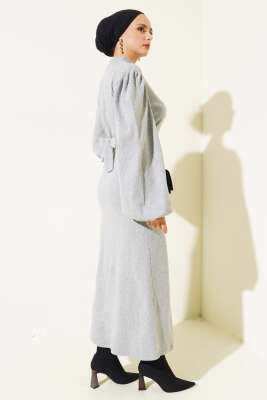 Balon Kol Kuşaklı Fitilli Elbise Gri - Tesettür Elbise