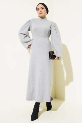 Balon Kol Kuşaklı Fitilli Elbise Gri 