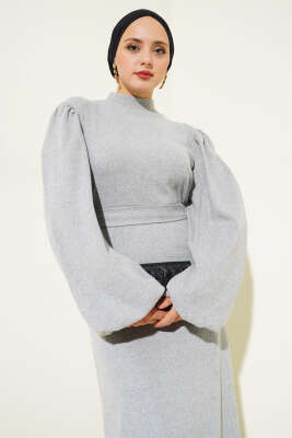 Balon Kol Kuşaklı Fitilli Elbise Gri - Tesettür Elbise