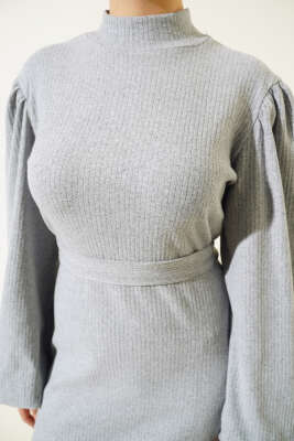 Balon Kol Kuşaklı Fitilli Elbise Gri - Tesettür Elbise