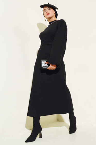 Balon Kol Kuşaklı Fitilli Elbise Siyah - Elbise