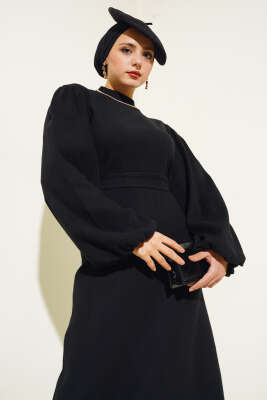 Balon Kol Kuşaklı Fitilli Elbise Siyah - Tesettür Elbise