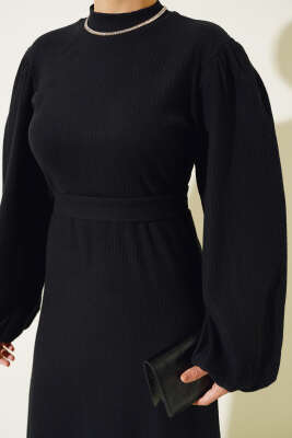 Balon Kol Kuşaklı Fitilli Elbise Siyah - Tesettür Elbise