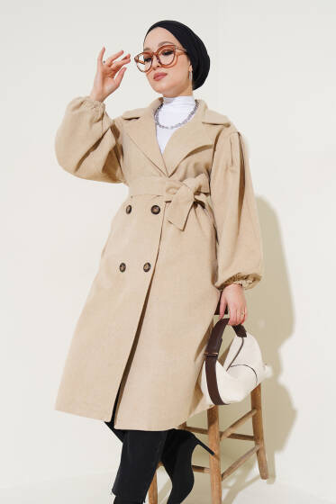 Balon Kol Kuşaklı Kaşe Kaban Bej - Kaban