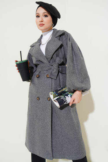 Balon Kol Kuşaklı Kaşe Kaban Füme - Kaban