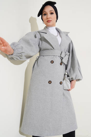 Balon Kol Kuşaklı Kaşe Kaban Gri - Kaban