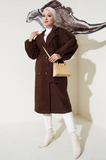 Balon Kol Kuşaklı Kaşe Kaban Kahve - Kaban