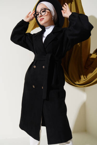 Balon Kol Kuşaklı Kaşe Kaban Siyah - Kaban