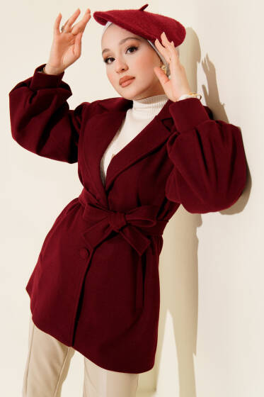 Balon Kol Kuşaklı Kısa Kaban Bordo - Kaban