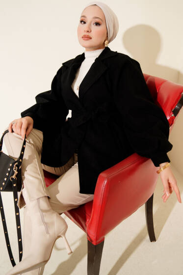 Balon Kol Kuşaklı Kısa Kaban Siyah - Kaban