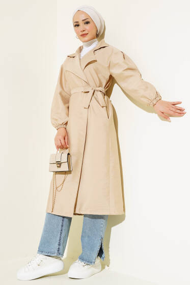 Balon Kol Kuşaklı Kruvaze Yaka Trençkot Bej - Trençkot