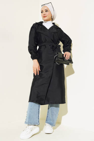 Balon Kol Kuşaklı Kruvaze Yaka Trençkot Siyah - Trençkot