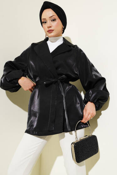 Balon Kol Kuşaklı Parlak Ceket Siyah - Ceket