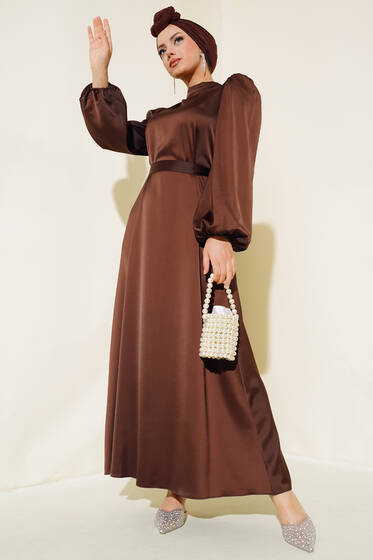 Balon Kol Kuşaklı Saten Elbise Acı Kahve - Elbise